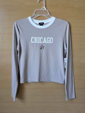 Chicago Embroidered Crop Top Long Sleeve Y2K Streetwear Leopard Star Beige Sz M